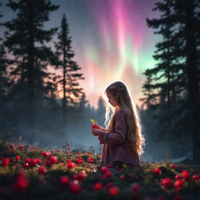 The primary subject of the image is a young girl standing in a field of red flowers. She is holding a flower in her hand, and the scene appears to be set in a forest. The visual style of the image is a photo, capturing the girl's beauty and connection with nature. The colors in the image are predominantly red, which adds a warm and vibrant atmosphere to the scene.